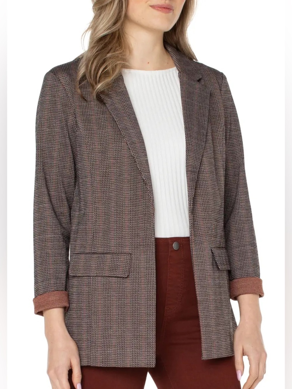 Liverpool boyfriend open front blazer black brown houndstooth knit plaid size 1X
